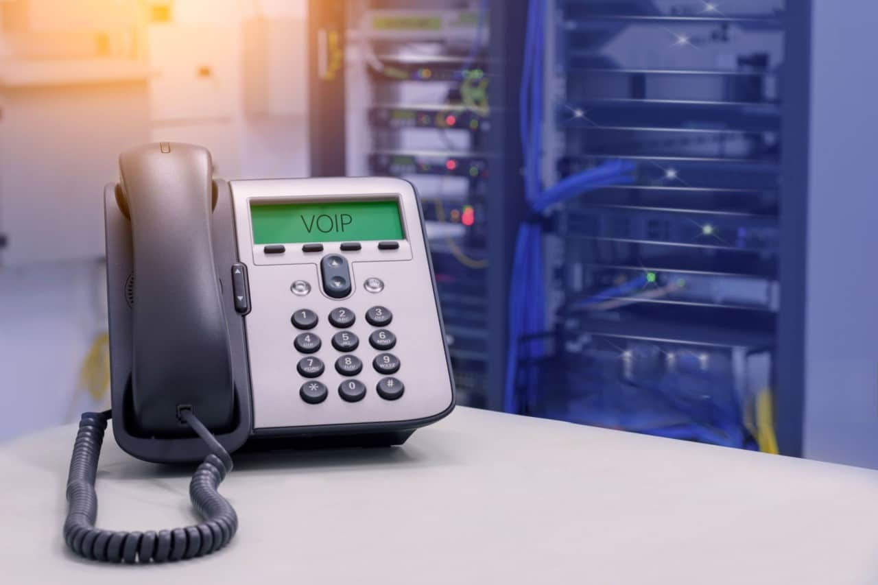 VOIP phone in a data center room.